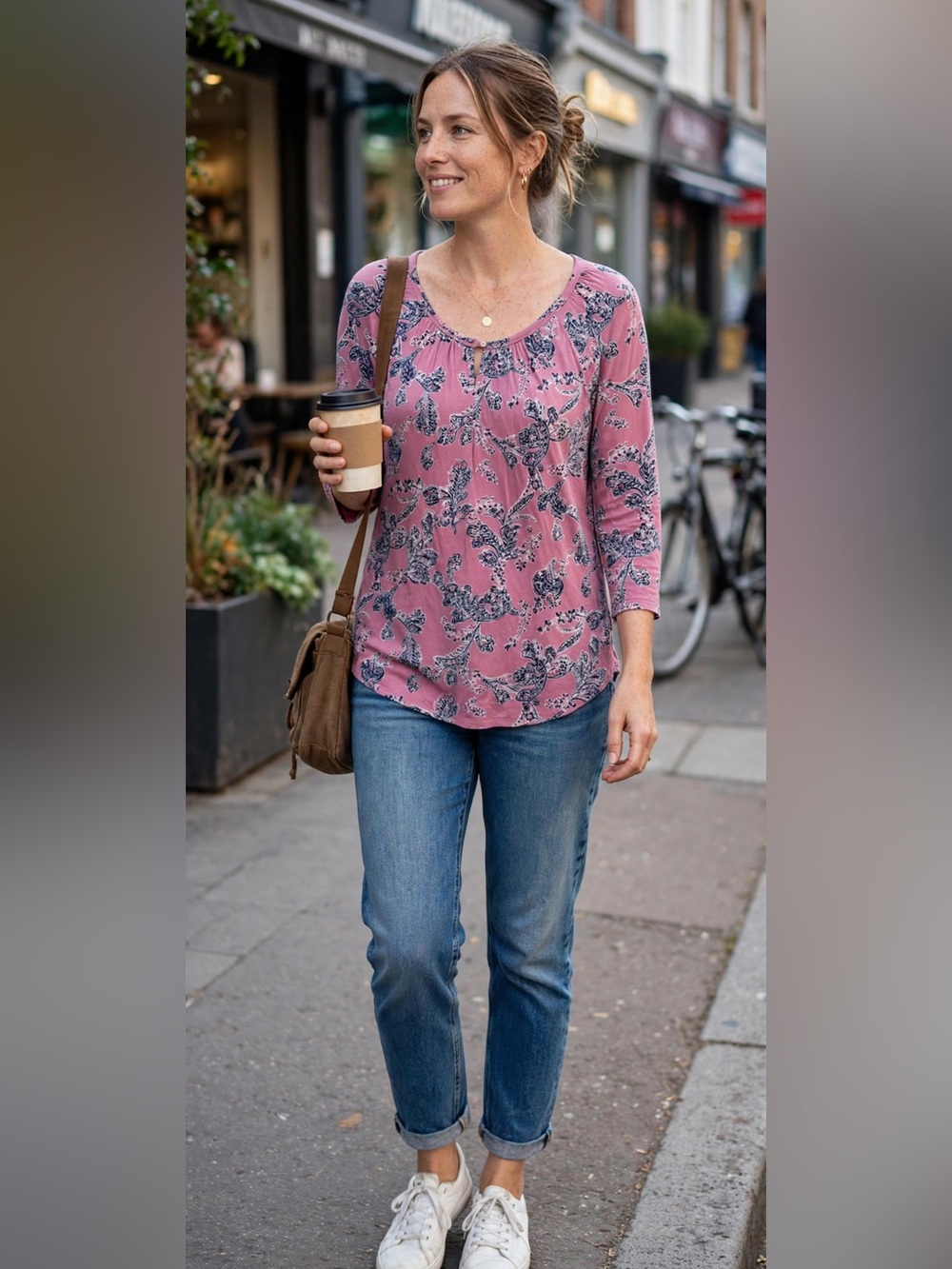 Lucky Brand Rose-Pink Floral Scoop Neck Long Sleeve Blouse